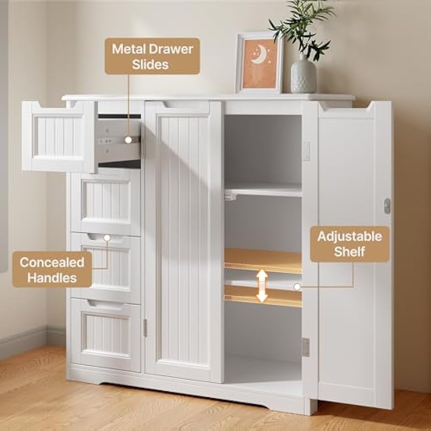Gizoon Storage Cabinet, Bathroom Floor Cabinet, Kitchen Pantry, Side Storage Organizer with 4 Drawers & Double Doors, Coffee Bar Table, Adjustable Shelf, for Bathroom, Living Room, Entryway, White