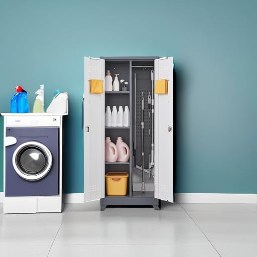 GREATMEET 65" Broom Storage Cabinet, Metal Utility Closet for Brooms and Mops, Cleaning Supply Cabinet with Pegboard, Multifunctional Metal Garage Mop Storage Closet, Grey&White