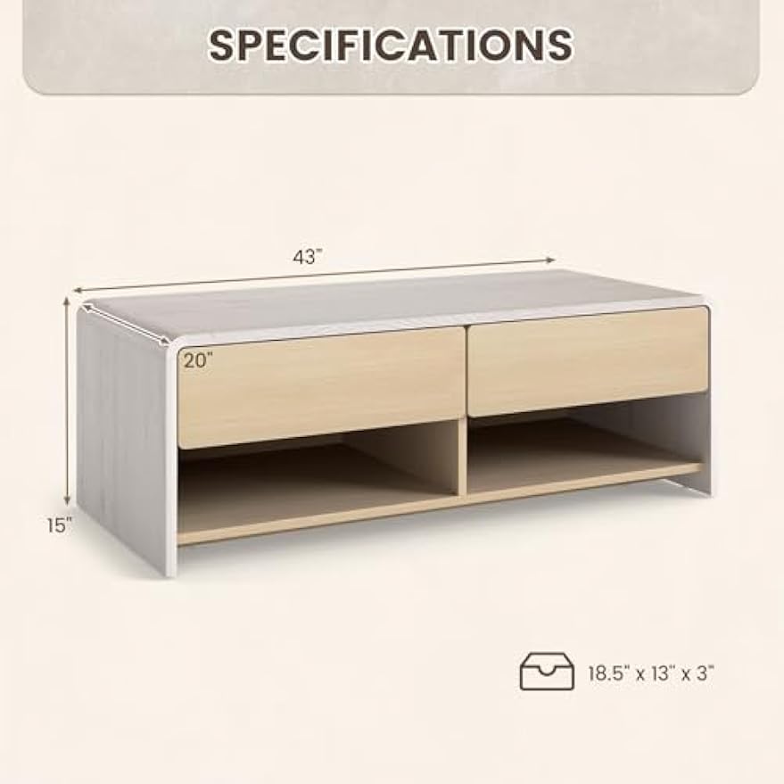 Giantex Coffee Table with Storage Drawers, 43 Inch Modern Cocktail Tea Table with 2 Compartments, Wooden Rectangular Center Table for Living Room