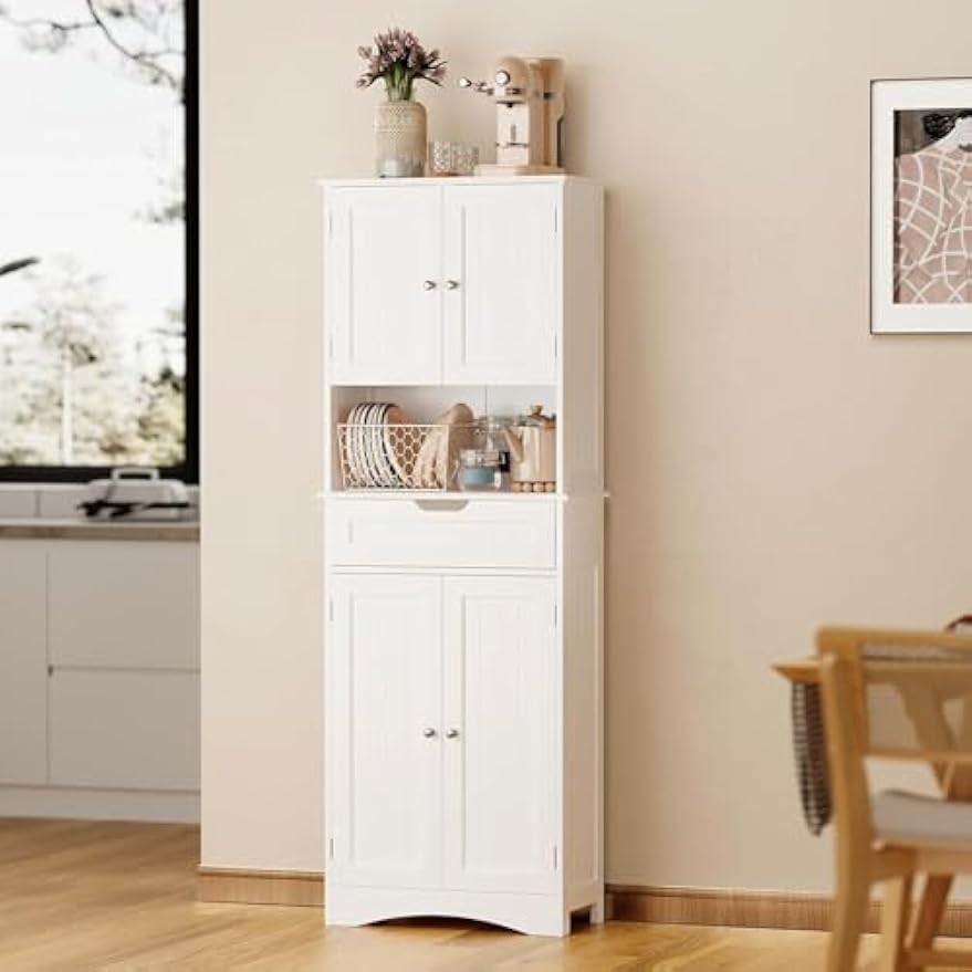 Gizoon 66'' Tall Bookcase with Drawer and Doors Wooden Bookshelf with Storage Cabinet Multifunctional Book Storage Organizer for Office Living Room Bedroom and Kitchen,White