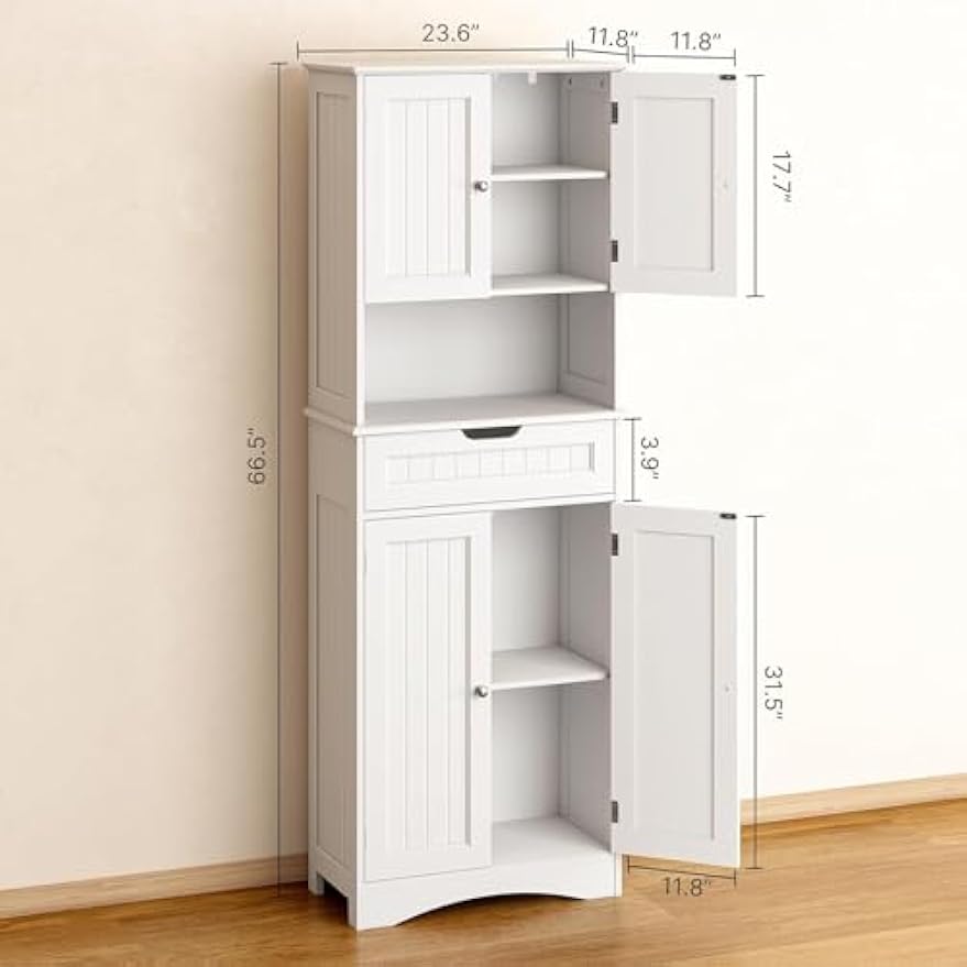 Gizoon 66'' Tall Bookcase with Drawer and Doors Wooden Bookshelf with Storage Cabinet Multifunctional Book Storage Organizer for Office Living Room Bedroom and Kitchen,White