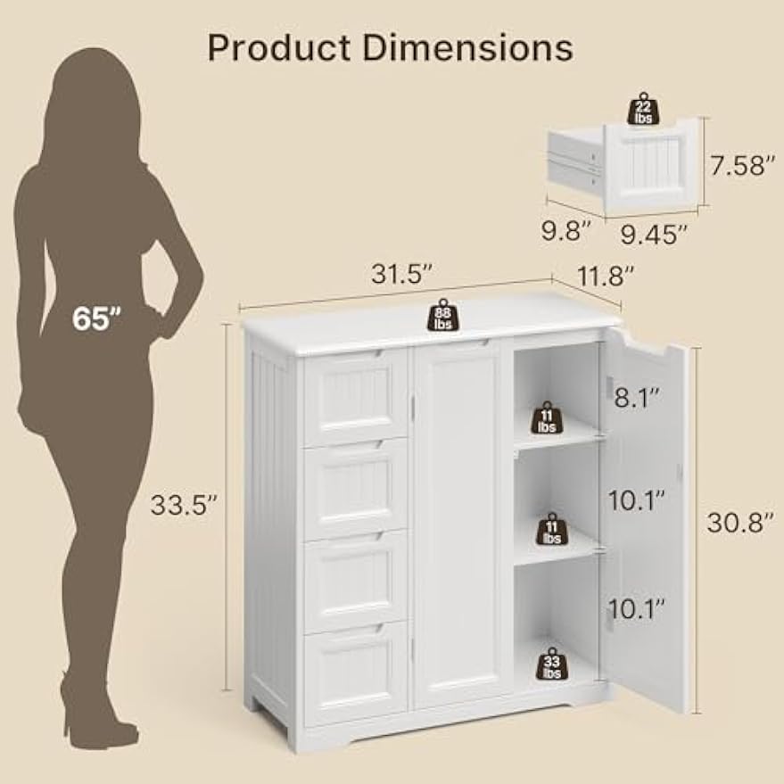 Gizoon Storage Cabinet, Bathroom Floor Cabinet, Kitchen Pantry, Side Storage Organizer with 4 Drawers & Double Doors, Coffee Bar Table, Adjustable Shelf, for Bathroom, Living Room, Entryway, White