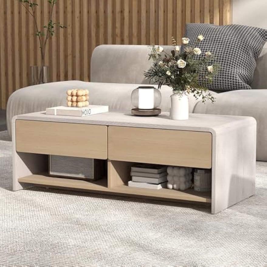 Giantex Coffee Table with Storage Drawers, 43 Inch Modern Cocktail Tea Table with 2 Compartments, Wooden Rectangular Center Table for Living Room