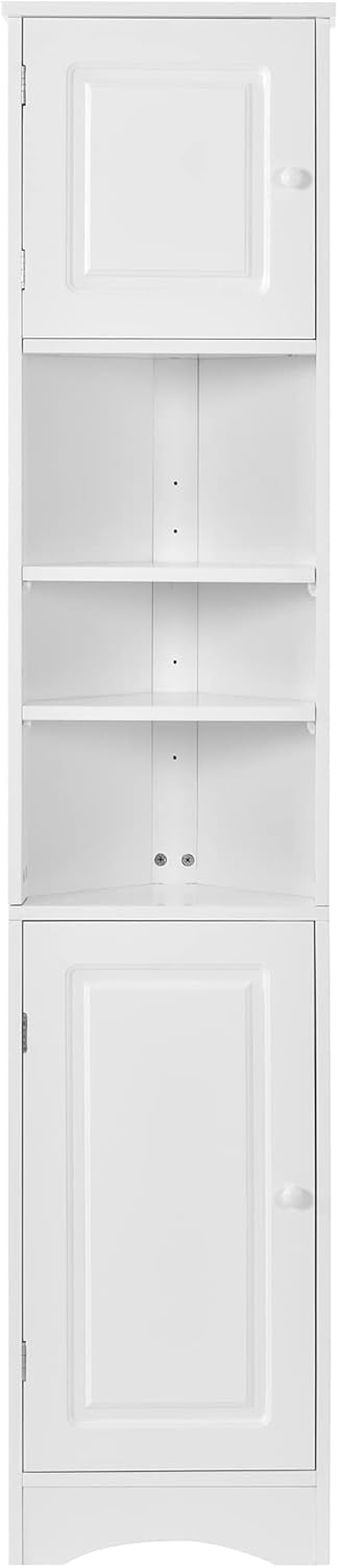 Tall Narrow White Corner Cabinet for Bathroom, Small Thin Wood Multi-Functional Corner Storage Cabinet with Doors and Shelves, Freestanding for Bathroom (White Style2)