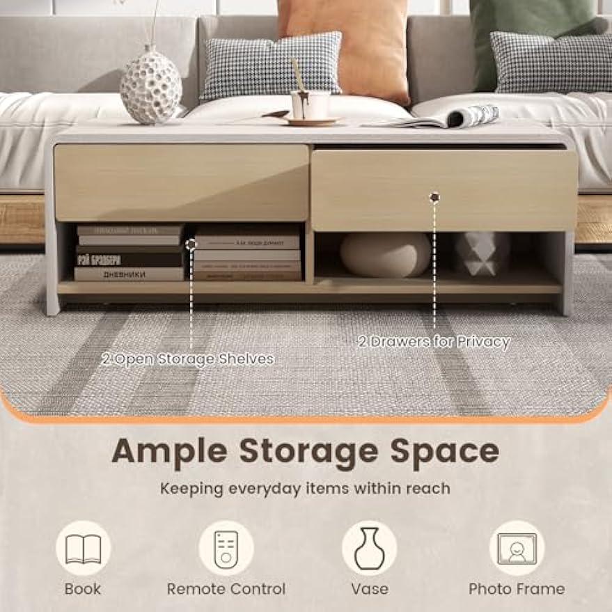Giantex Coffee Table with Storage Drawers, 43 Inch Modern Cocktail Tea Table with 2 Compartments, Wooden Rectangular Center Table for Living Room
