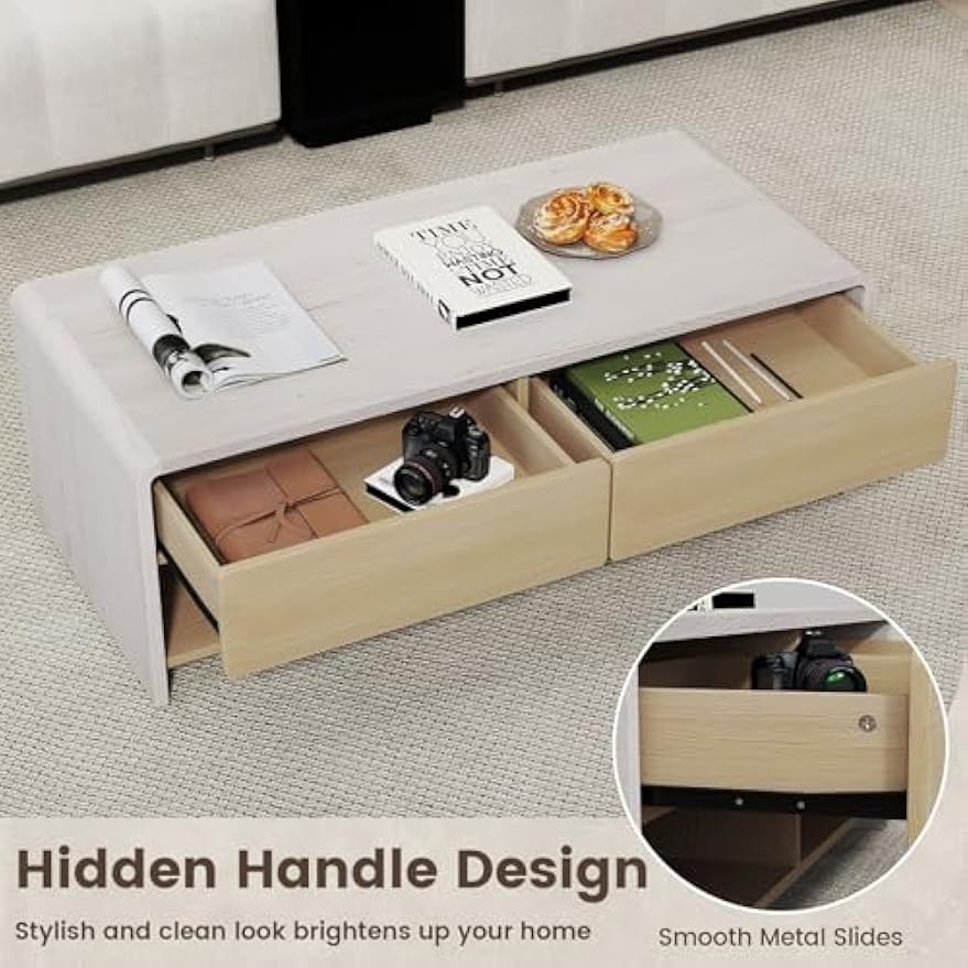 Giantex Coffee Table with Storage Drawers, 43 Inch Modern Cocktail Tea Table with 2 Compartments, Wooden Rectangular Center Table for Living Room