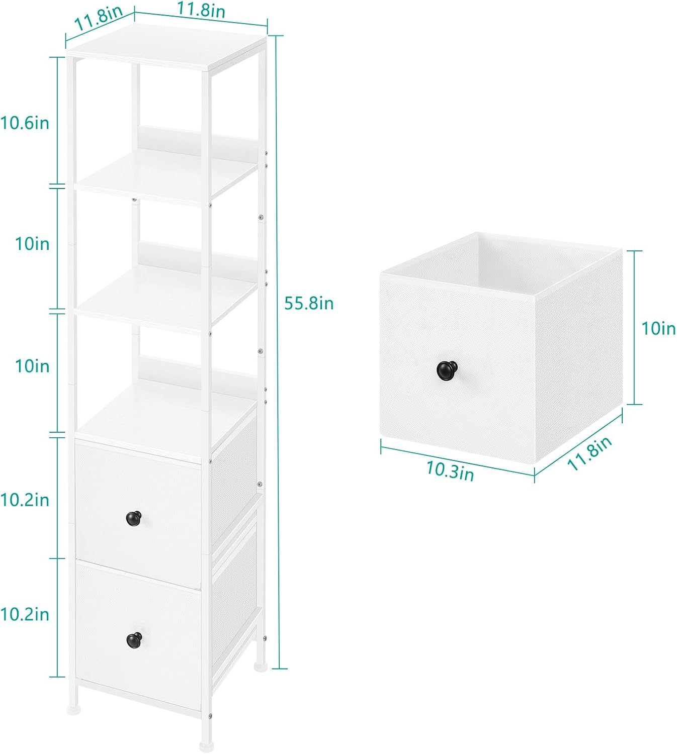 Bathroom Tall Cabinet, Skinny Floor Storage Cabinet, 5-Tier Corner Shelf with 2 Fabric Drawers, Freestanding Towel Organizer Rack Stand, Multifunctional Corner Unit, White