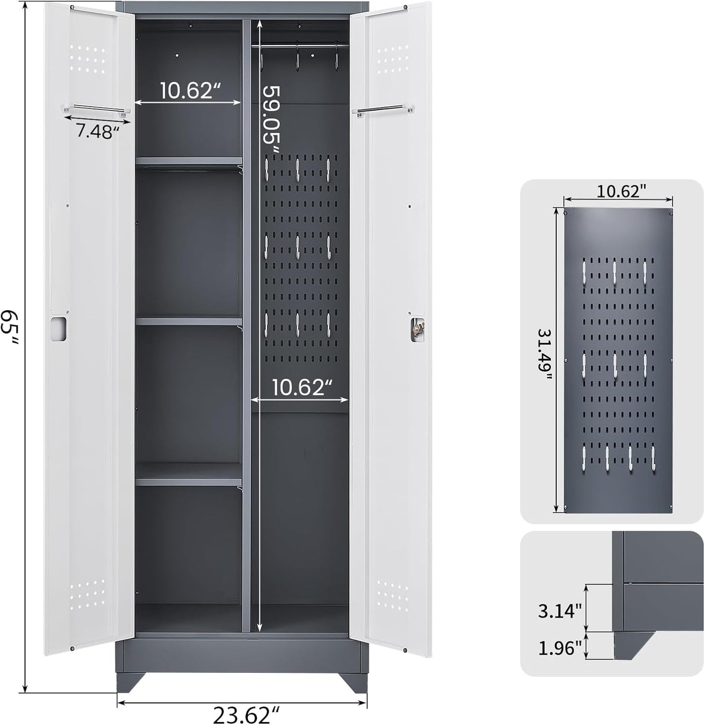 GREATMEET 65" Broom Storage Cabinet, Metal Utility Closet for Brooms and Mops, Cleaning Supply Cabinet with Pegboard, Multifunctional Metal Garage Mop Storage Closet, Grey&White