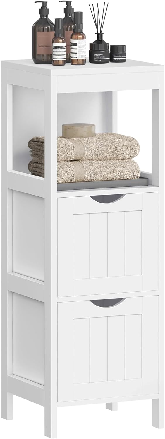 VASAGLE Bathroom Floor Cabinet, Bathroom Storage Organizer Rack Stand, Multifunctional Corner Unit, 2 Drawers, 55.7 Inches in Height, Dove Grey UBBC066G02