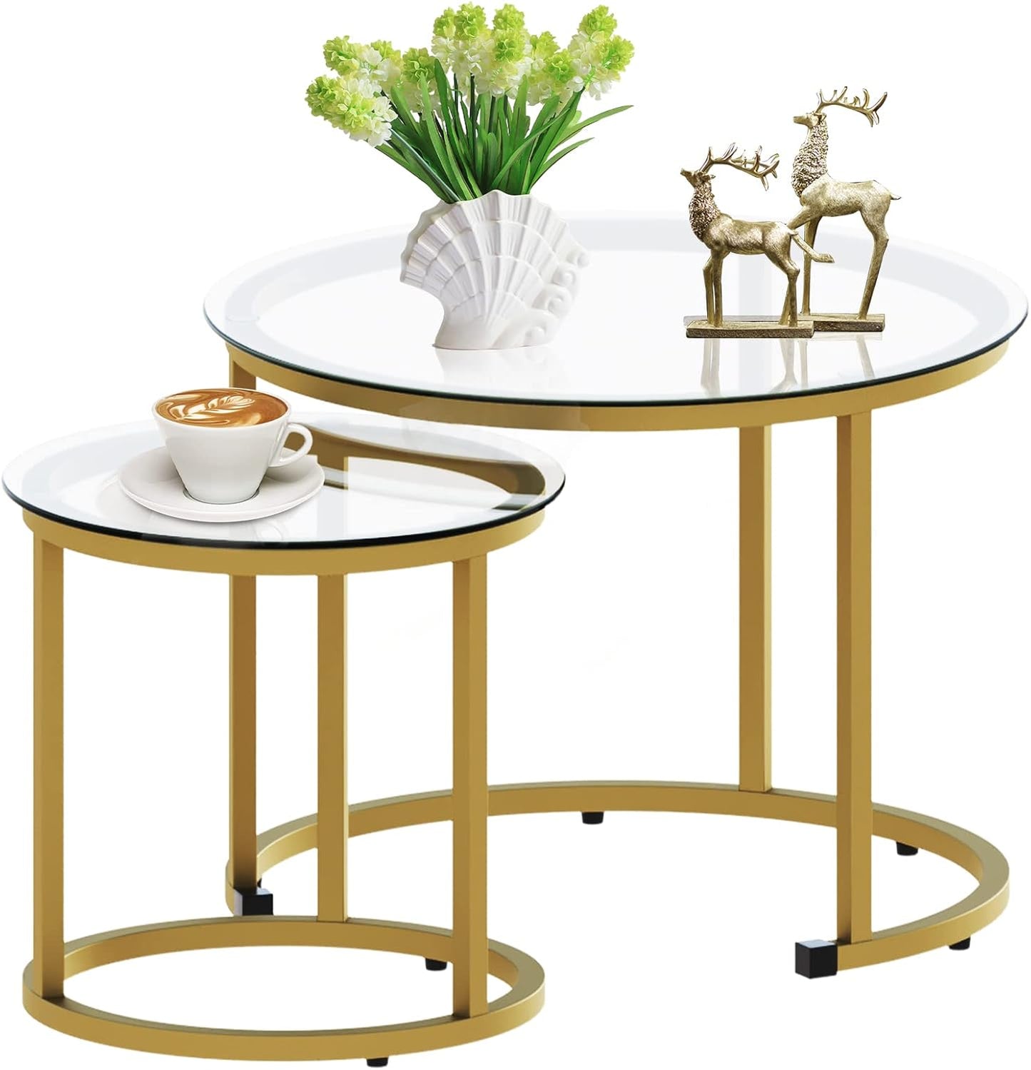 aboxoo Coffee Table Nesting White Set of 2 Side Set Golden Frame Circular Round and Marble Pattern Wooden Tables, Living Room Bedroom Apartment Modern Industrial Simple Nightstand