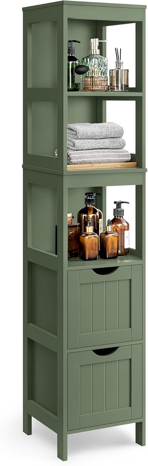 VASAGLE Bathroom Floor Cabinet, Bathroom Storage Organizer Rack Stand, Multifunctional Corner Unit, 2 Drawers, 55.7 Inches in Height, Dove Grey UBBC066G02