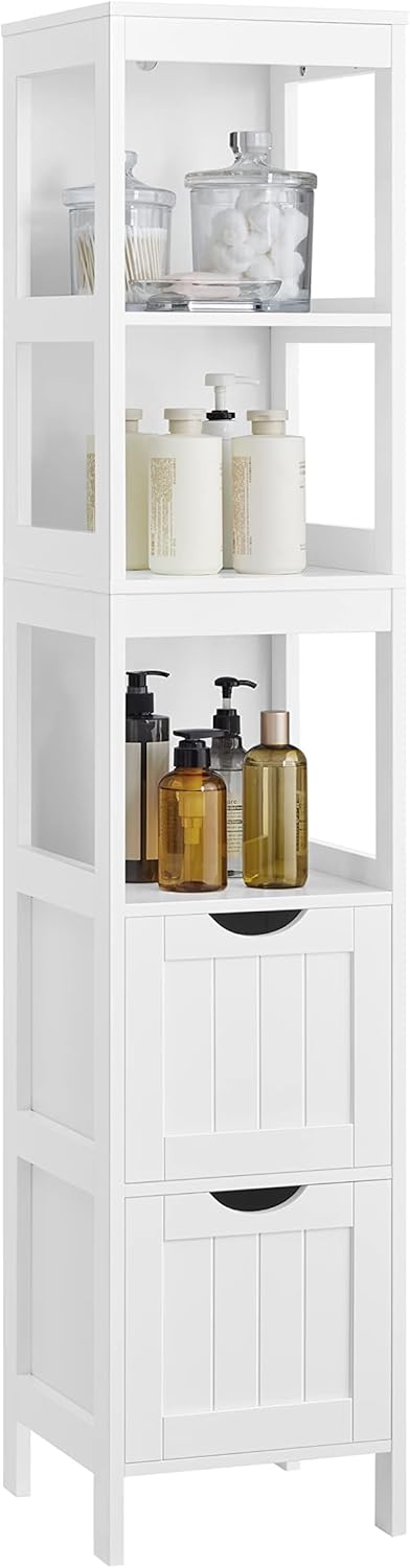VASAGLE Bathroom Floor Cabinet, Bathroom Storage Organizer Rack Stand, Multifunctional Corner Unit, 2 Drawers, 55.7 Inches in Height, Dove Grey UBBC066G02
