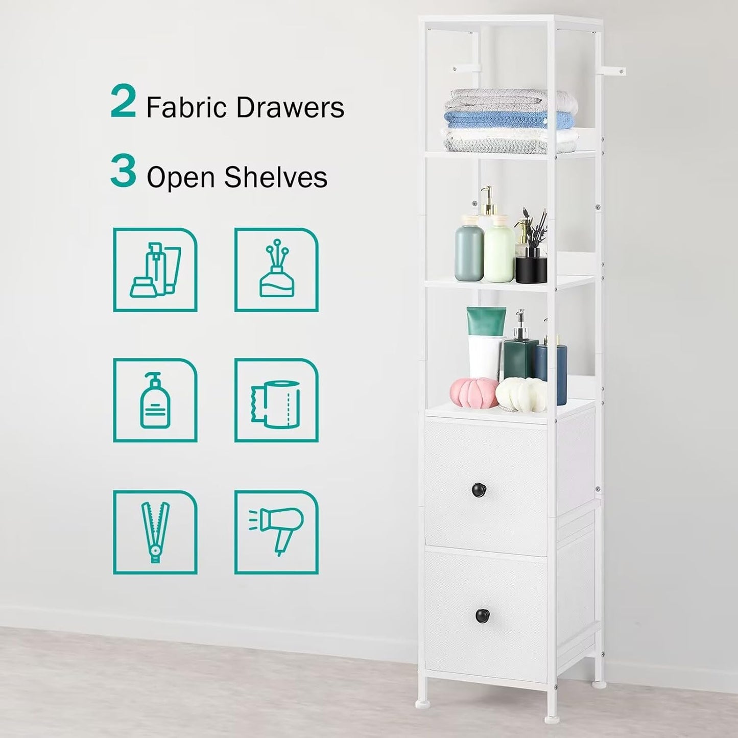 Bathroom Tall Cabinet, Skinny Floor Storage Cabinet, 5-Tier Corner Shelf with 2 Fabric Drawers, Freestanding Towel Organizer Rack Stand, Multifunctional Corner Unit, White