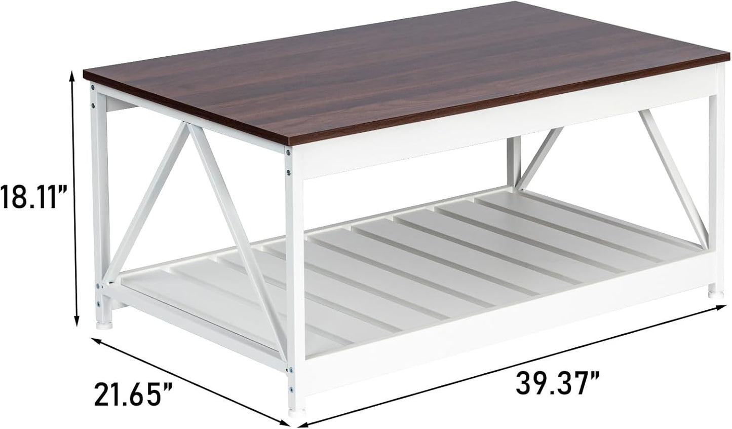 White Coffee Table for Living Room, Modern Farmhouse Coffee Table with Storage Shelf, Wooden Tea Tables, A Shaped Design Metal Frame for Stablility, 39.4 x 21.6 x 18.1 Inches