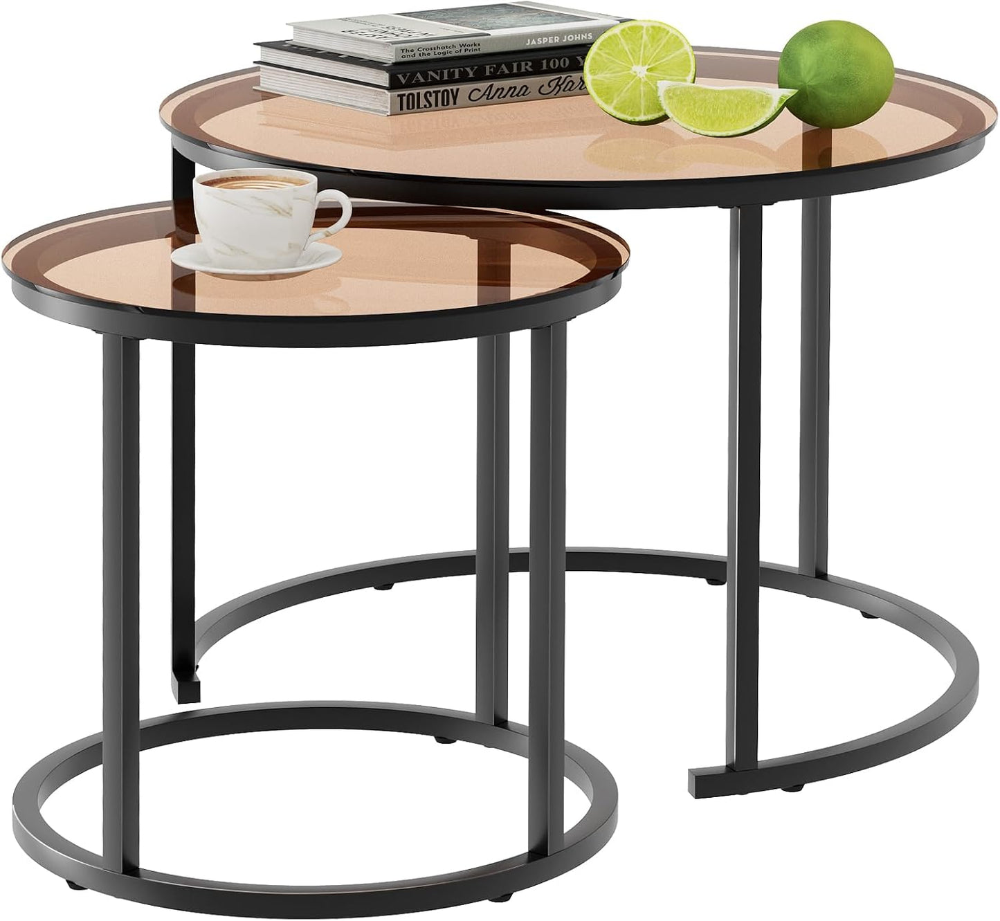 aboxoo Coffee Table Nesting White Set of 2 Side Set Golden Frame Circular Round and Marble Pattern Wooden Tables, Living Room Bedroom Apartment Modern Industrial Simple Nightstand