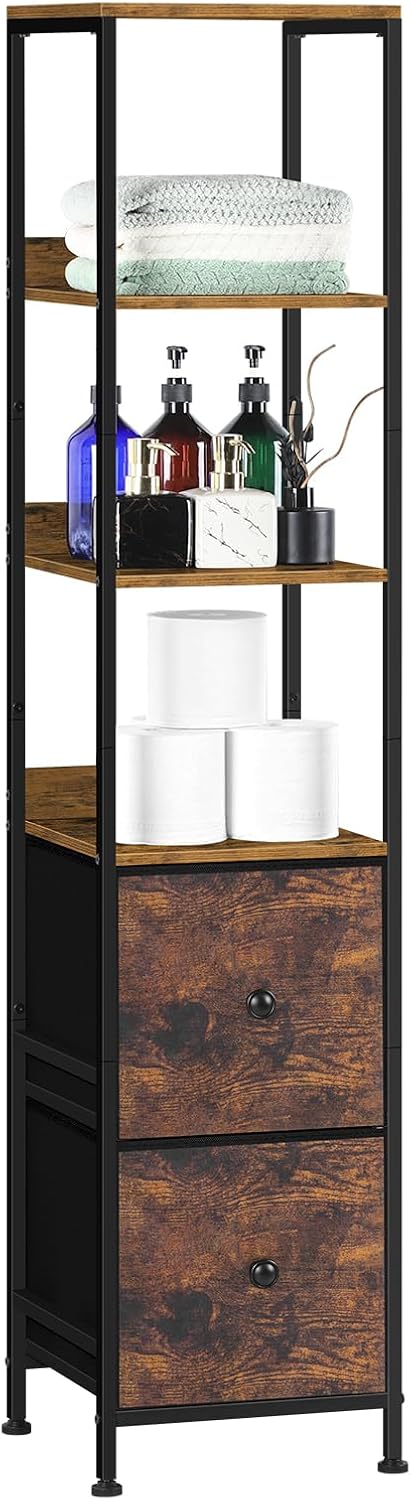 Bathroom Tall Cabinet, Skinny Floor Storage Cabinet, 5-Tier Corner Shelf with 2 Fabric Drawers, Freestanding Towel Organizer Rack Stand, Multifunctional Corner Unit, White