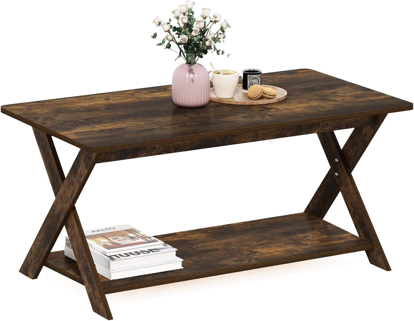 Furinno Modern Simplistic Criss-Crossed Coffee Table, 35.4 in x 19.6 in x 16 in, French Oak Grey