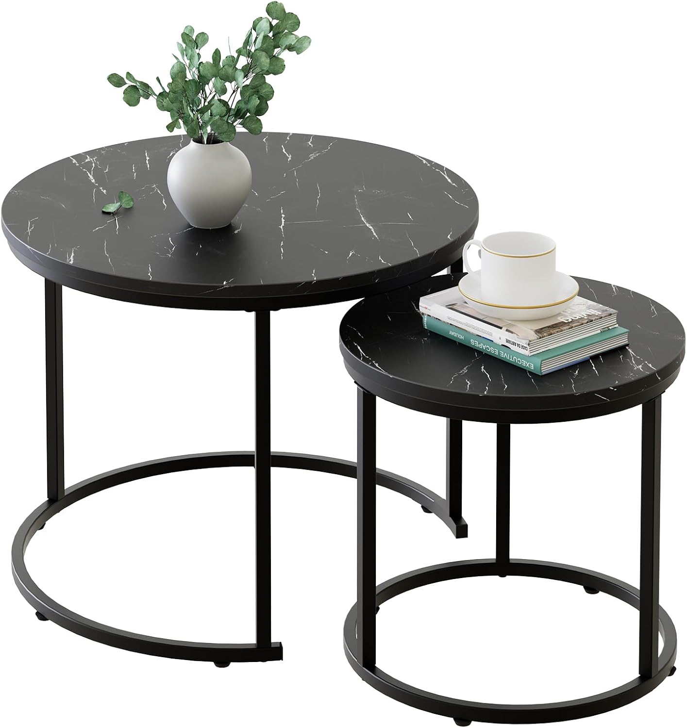 aboxoo Coffee Table Nesting White Set of 2 Side Set Golden Frame Circular Round and Marble Pattern Wooden Tables, Living Room Bedroom Apartment Modern Industrial Simple Nightstand