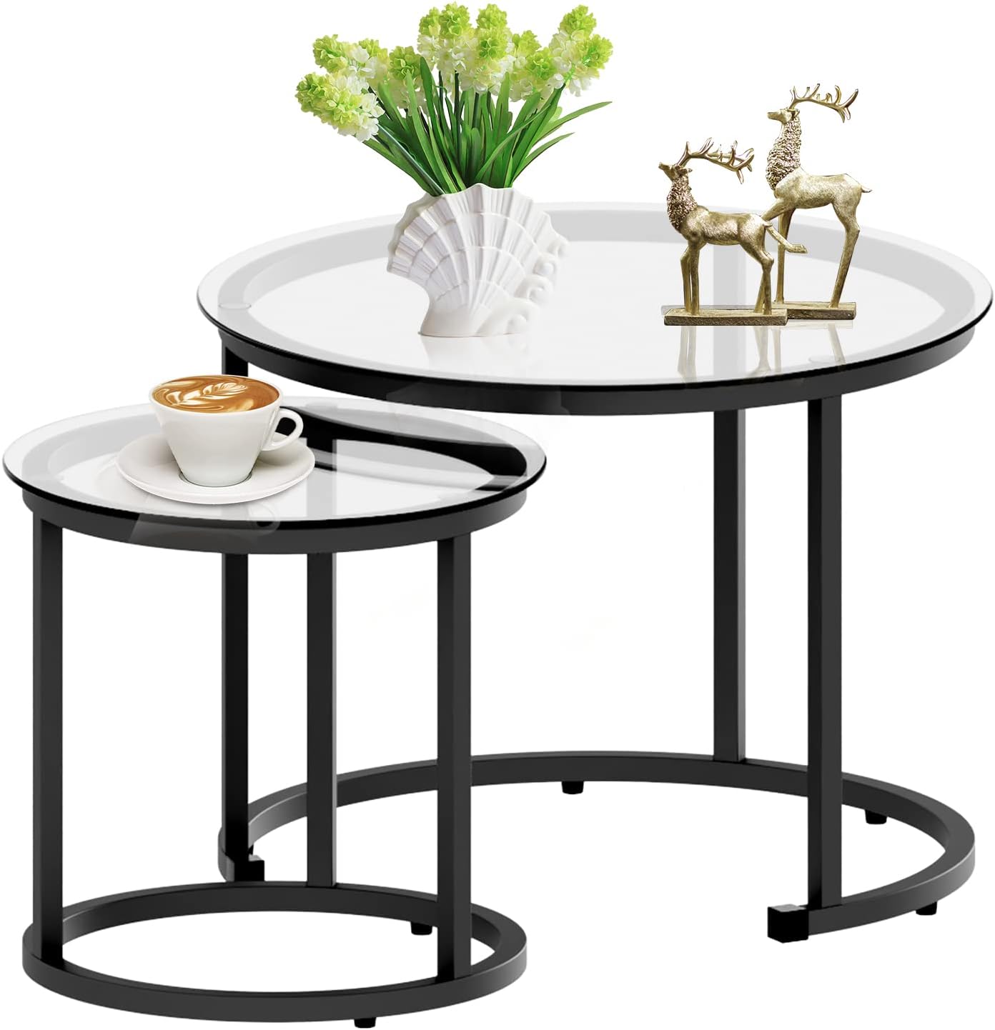 aboxoo Coffee Table Nesting White Set of 2 Side Set Golden Frame Circular Round and Marble Pattern Wooden Tables, Living Room Bedroom Apartment Modern Industrial Simple Nightstand