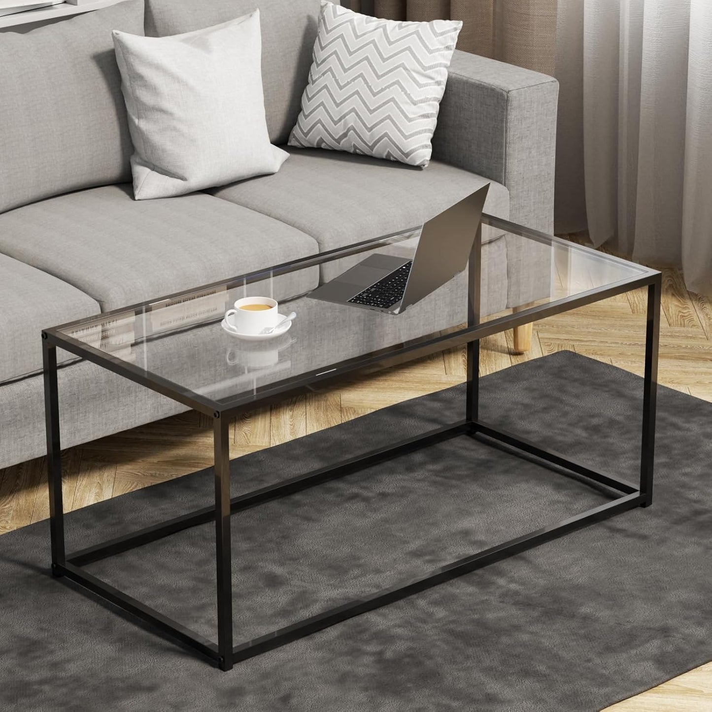 Glass Coffee Table Modern Center Table,Minimalist Round Coffee Tea Table,Tempered Glass-top with Sturdy Metal Frame for Living Room Bedroom Office and Small Space, 27 x 27 x 17 Inch,Gray Black