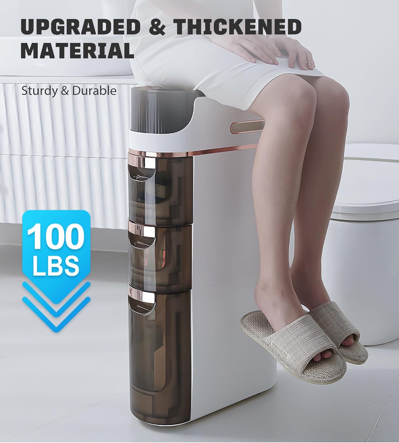 3-Tiers Slim Bathroom Storage Cabinet, Waterproof Narrow Floor Cabinet with Tissue Box and Wheels, Skinny Storage Organizer with Drawers for Small Spaces, Bathroom, Kitchen, Bedroom, 6.7″