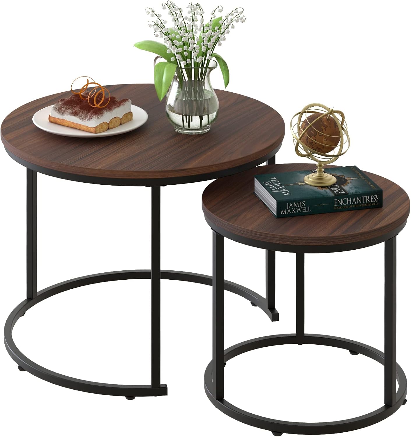 aboxoo Coffee Table Nesting White Set of 2 Side Set Golden Frame Circular Round and Marble Pattern Wooden Tables, Living Room Bedroom Apartment Modern Industrial Simple Nightstand