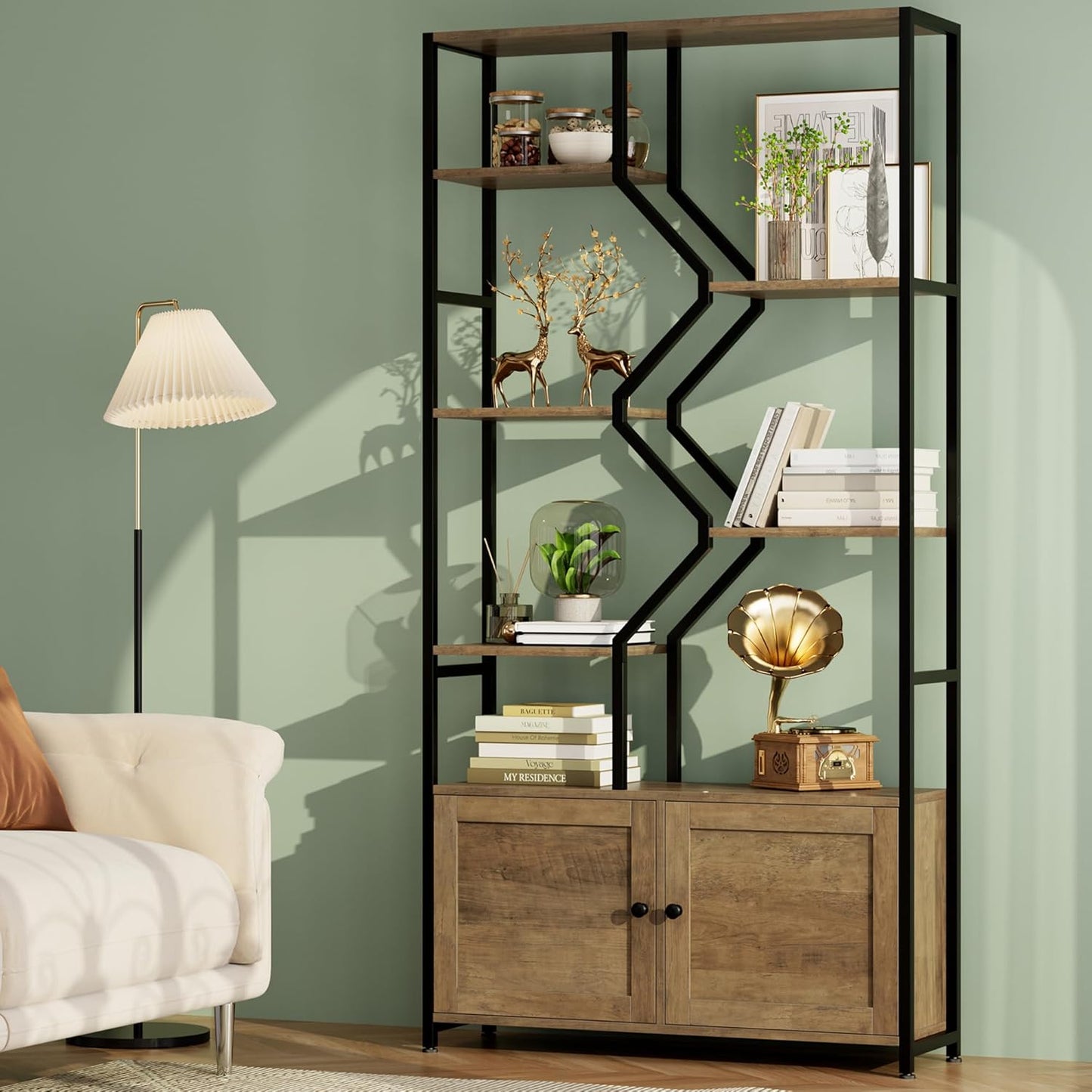 Keyluv 76" Tall Gold Bookshelf with Cabinet Storage, Multifunctional Open Display Bookcase with Door, Large Book Shelf Organizer for Living Room, Home, Office, Heavy Duty Metal & Wood, Modern White