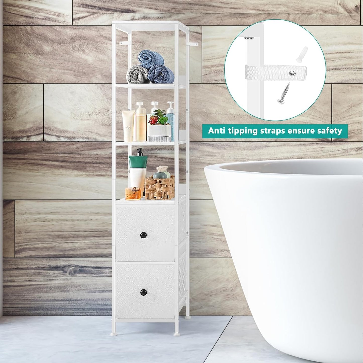 Bathroom Tall Cabinet, Skinny Floor Storage Cabinet, 5-Tier Corner Shelf with 2 Fabric Drawers, Freestanding Towel Organizer Rack Stand, Multifunctional Corner Unit, White