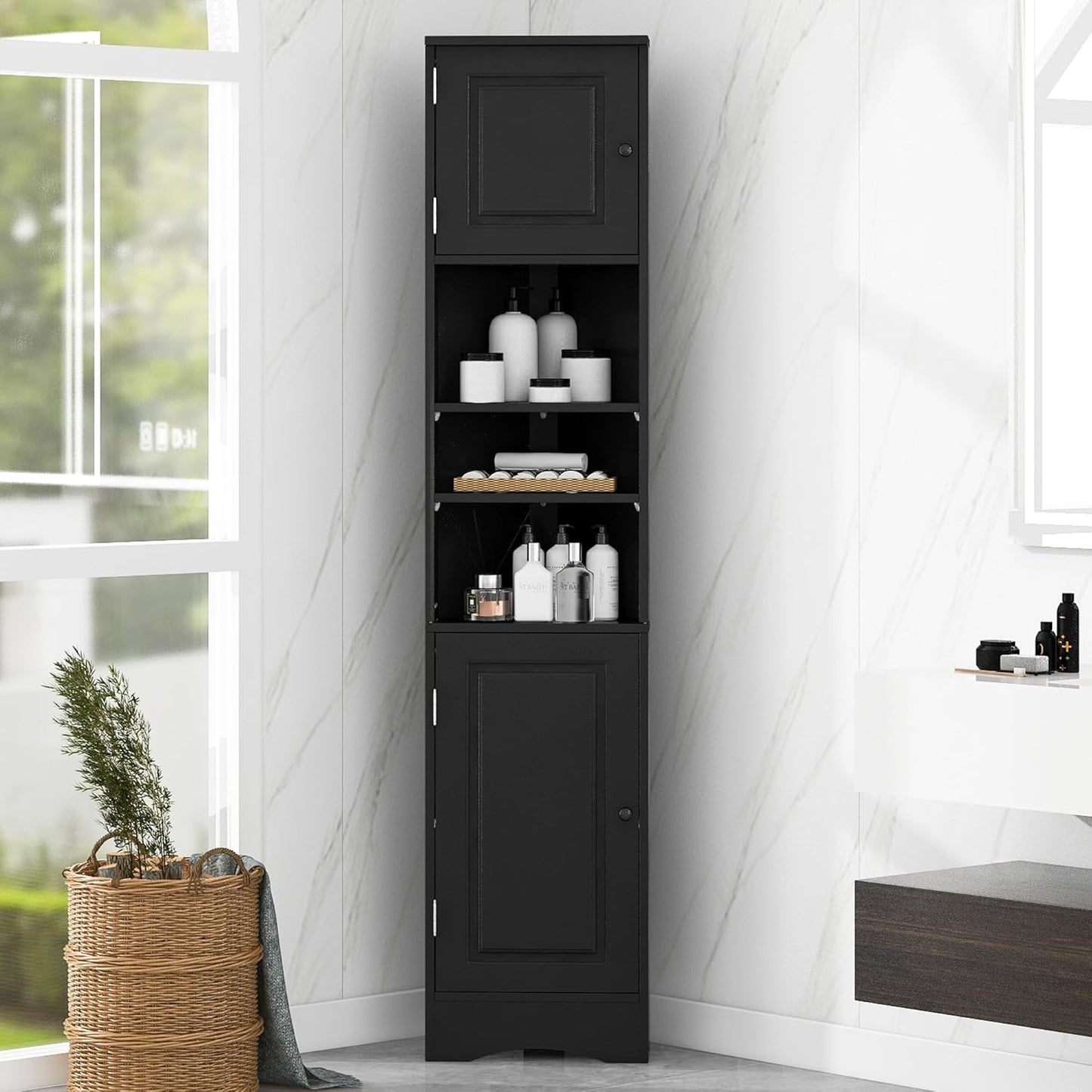 Tall Narrow White Corner Cabinet for Bathroom, Small Thin Wood Multi-Functional Corner Storage Cabinet with Doors and Shelves, Freestanding for Bathroom (White Style2)