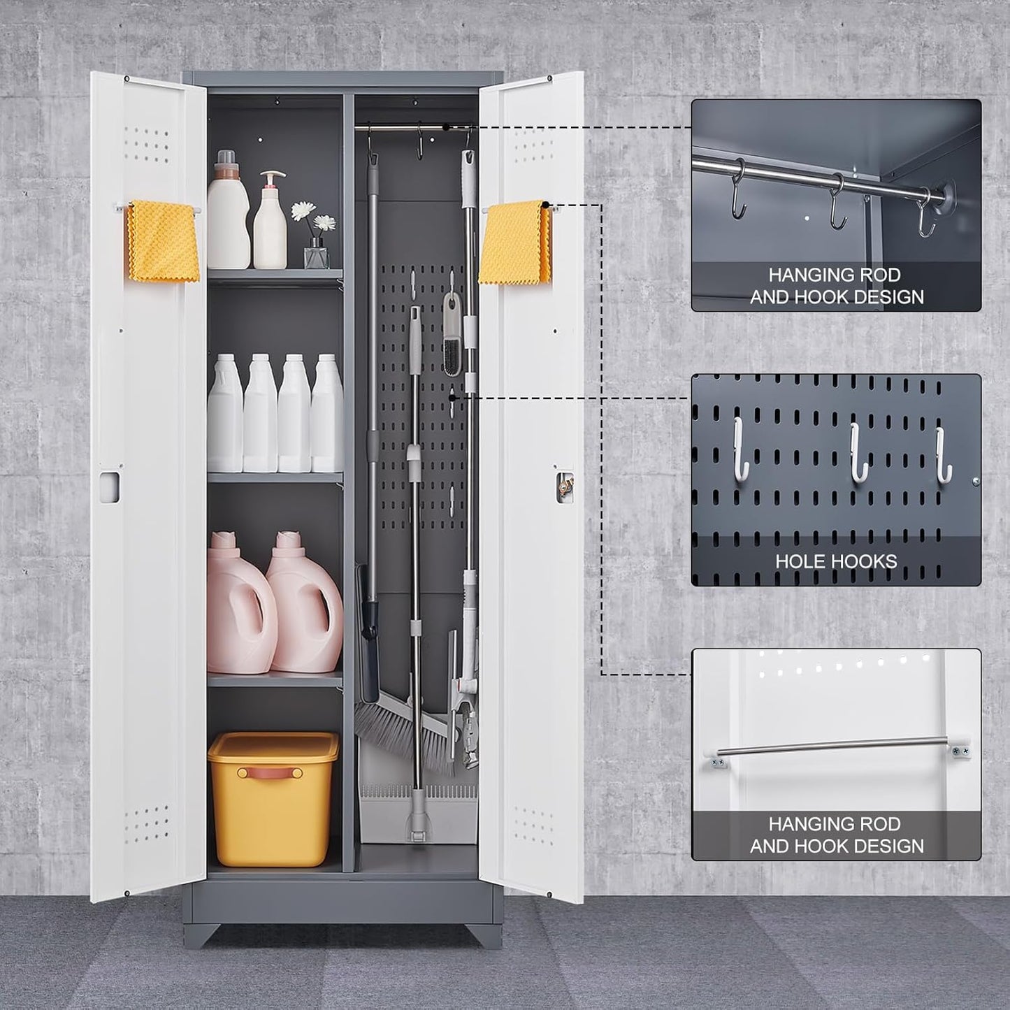 GREATMEET 65" Broom Storage Cabinet, Metal Utility Closet for Brooms and Mops, Cleaning Supply Cabinet with Pegboard, Multifunctional Metal Garage Mop Storage Closet, Grey&White