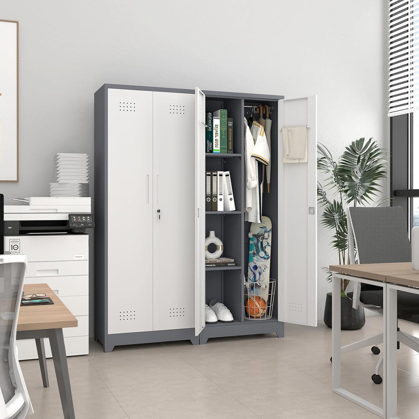 GREATMEET 65" Broom Storage Cabinet, Metal Utility Closet for Brooms and Mops, Cleaning Supply Cabinet with Pegboard, Multifunctional Metal Garage Mop Storage Closet, Grey&White