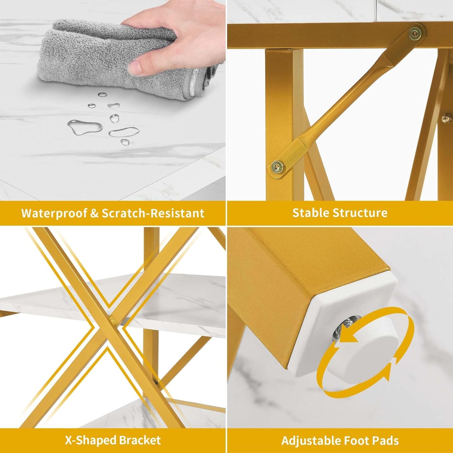 DWVO Dining Room Table 47 Inch Rectangle Dining Table for 4 People Modern Kitchen Table White Marble Dinner Table with Storage Shelf and Glod Metal Legs for Home Apartment White and Gold