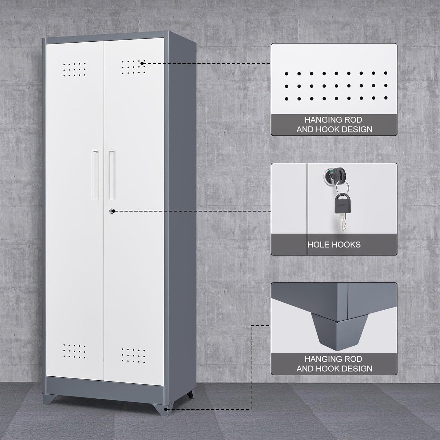 GREATMEET 65" Broom Storage Cabinet, Metal Utility Closet for Brooms and Mops, Cleaning Supply Cabinet with Pegboard, Multifunctional Metal Garage Mop Storage Closet, Grey&White