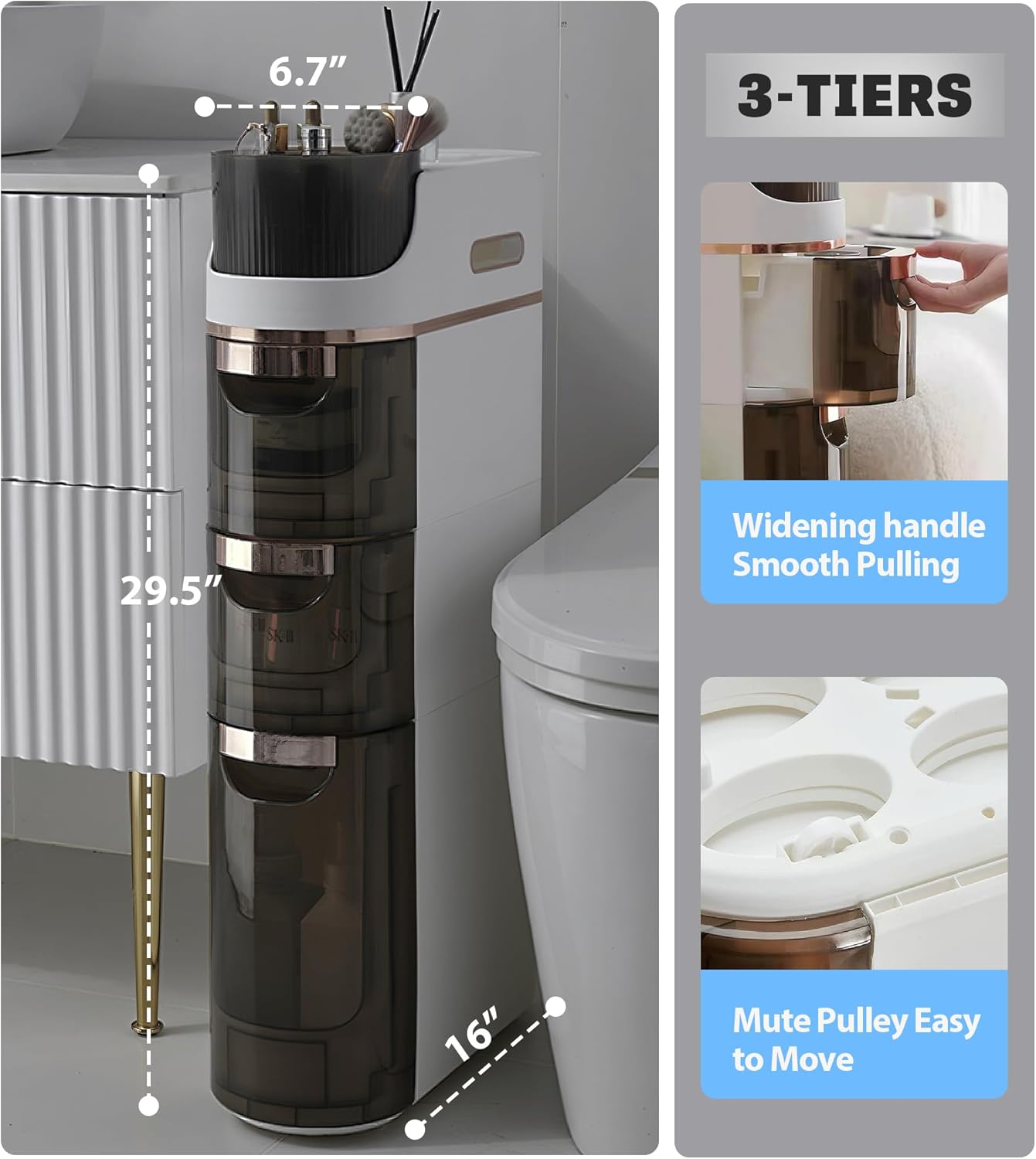 3-Tiers Slim Bathroom Storage Cabinet, Waterproof Narrow Floor Cabinet with Tissue Box and Wheels, Skinny Storage Organizer with Drawers for Small Spaces, Bathroom, Kitchen, Bedroom, 6.7″