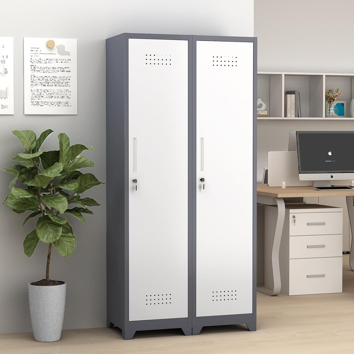 GREATMEET 65" Broom Storage Cabinet, Metal Utility Closet for Brooms and Mops, Cleaning Supply Cabinet with Pegboard, Multifunctional Metal Garage Mop Storage Closet, Grey&White