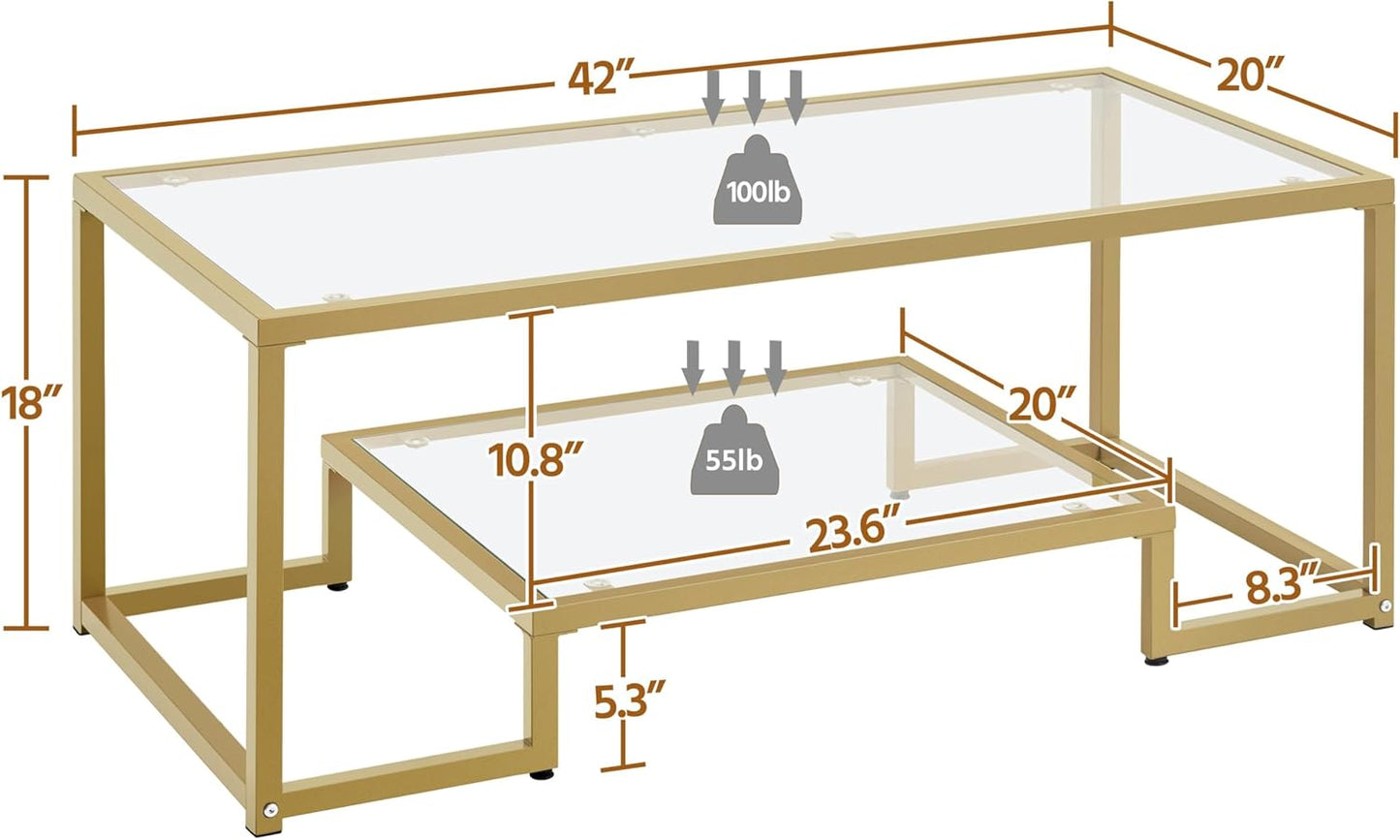 Yaheetech Gold Coffee Table, 42" Rectangular Glass Coffee Table for Living Room, 2-Tier Center Tea Tables with Metal Frame for Small Space, Apartment, Office