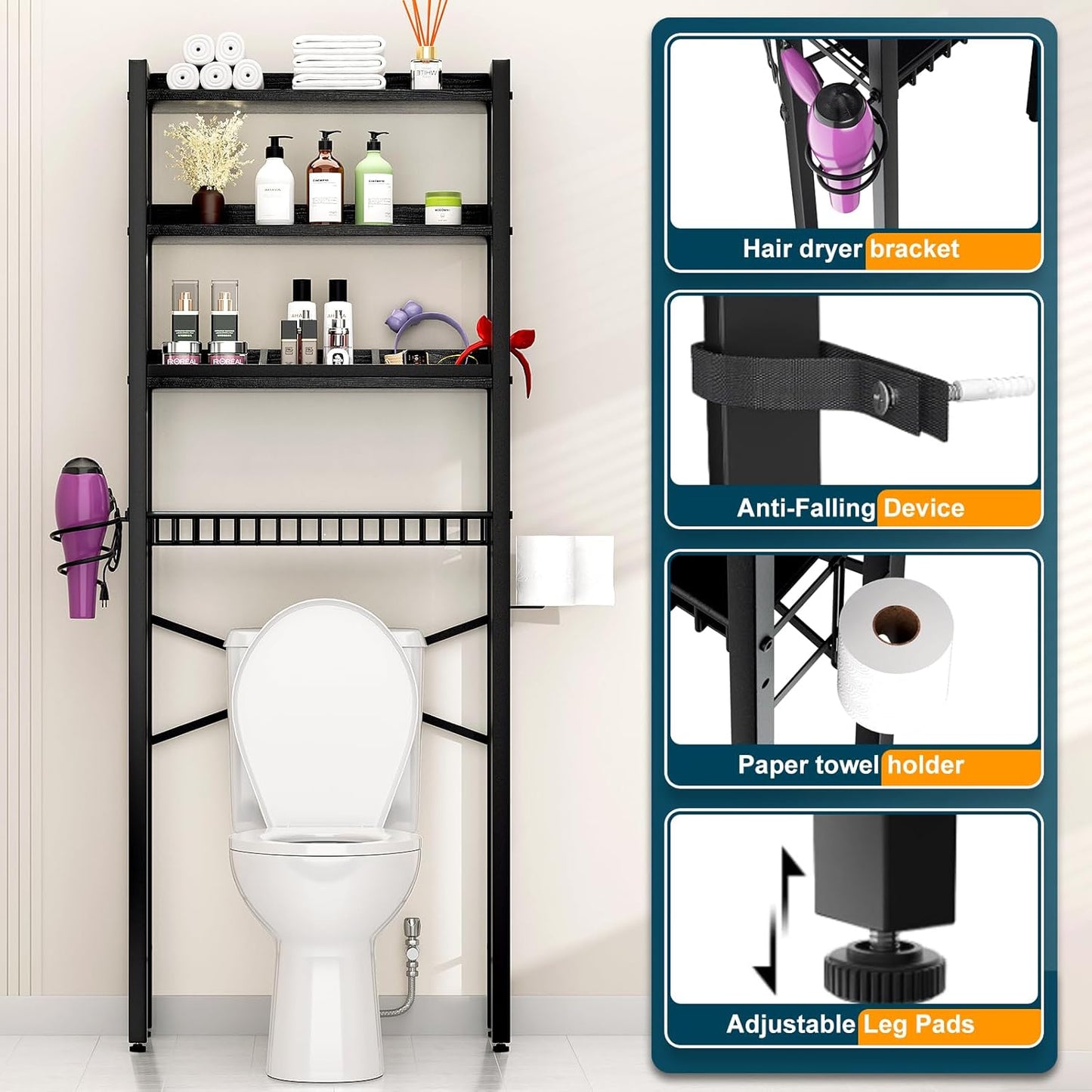 Over The Toilet Storage Cabinet,4 Tier Bathroom Organizer and Storage With Adjustable Shelf Waterproof Feet Pad and Basket Multifunctional Space Saver Freestanding Bathroom Shelves With Dividers Black