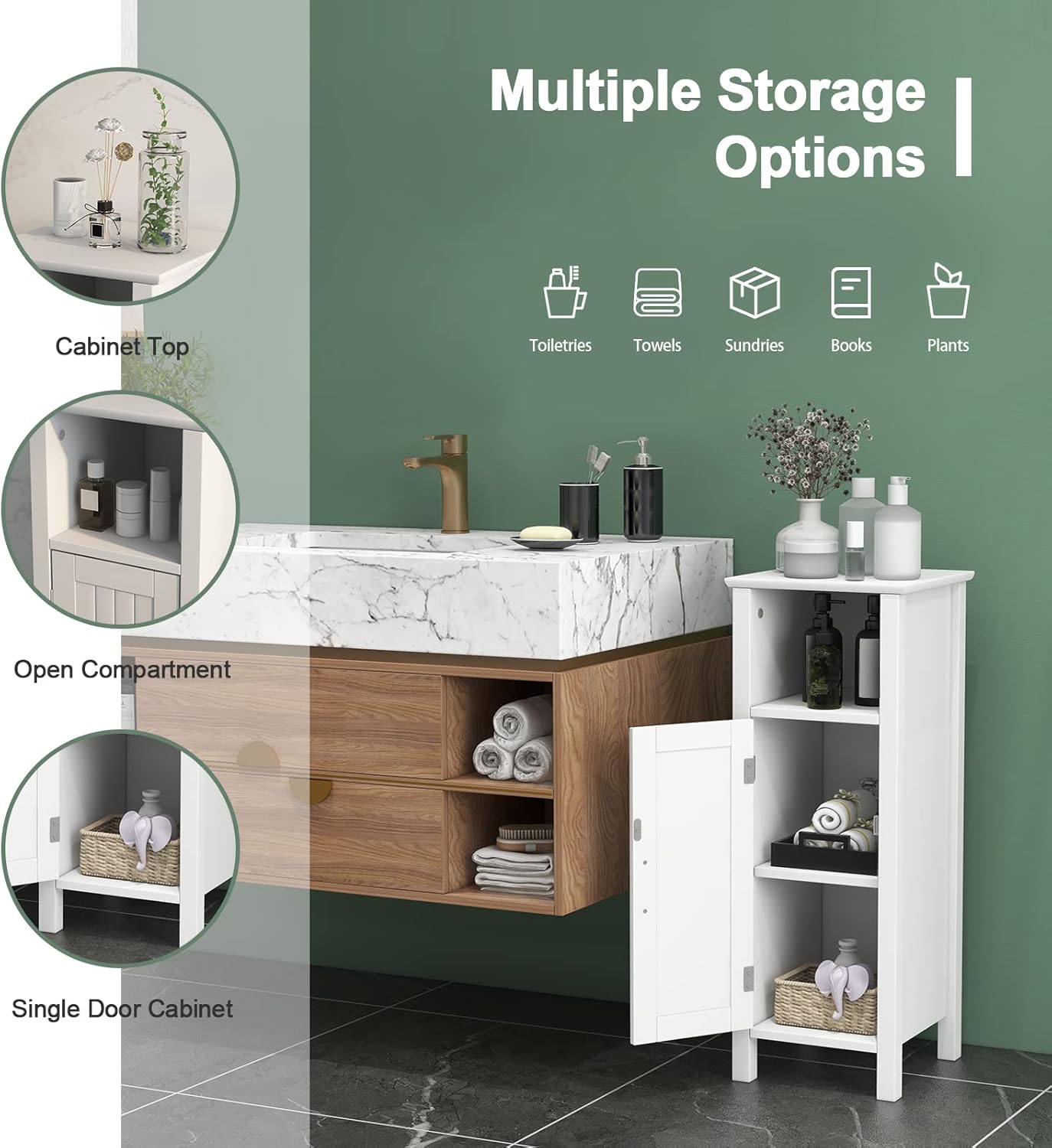Tangkula Bathroom Floor Cabinet, Multifunctional Storage Cabinet, Anti-Tipping Device, 3-Height Adjustable Shelf, Wooden Freestanding Side Cabinet for Bathroom Home Office, 12 x 12 x 31.5 Inch