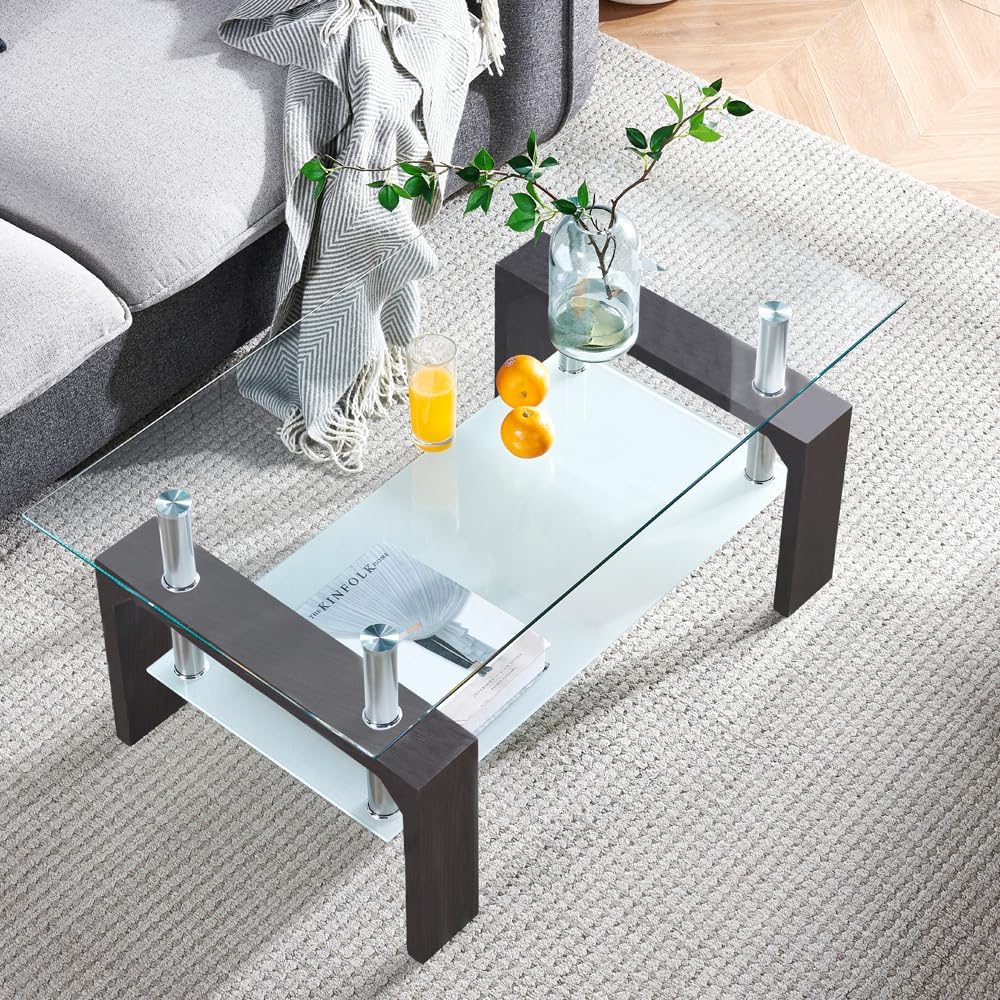 Living Room Rectangle Coffee Table, Tea Table Suitable for Waiting Room, Modern Side Coffee Table with Wooden Leg, Glass Tabletop with Lower Shelf, White 39.5 * 23.5 * 17.5