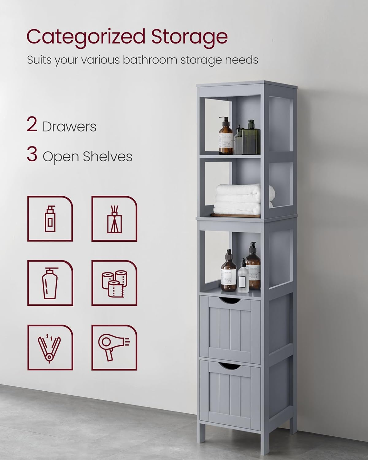 VASAGLE Bathroom Floor Cabinet, Bathroom Storage Organizer Rack Stand, Multifunctional Corner Unit, 2 Drawers, 55.7 Inches in Height, Dove Grey UBBC066G02