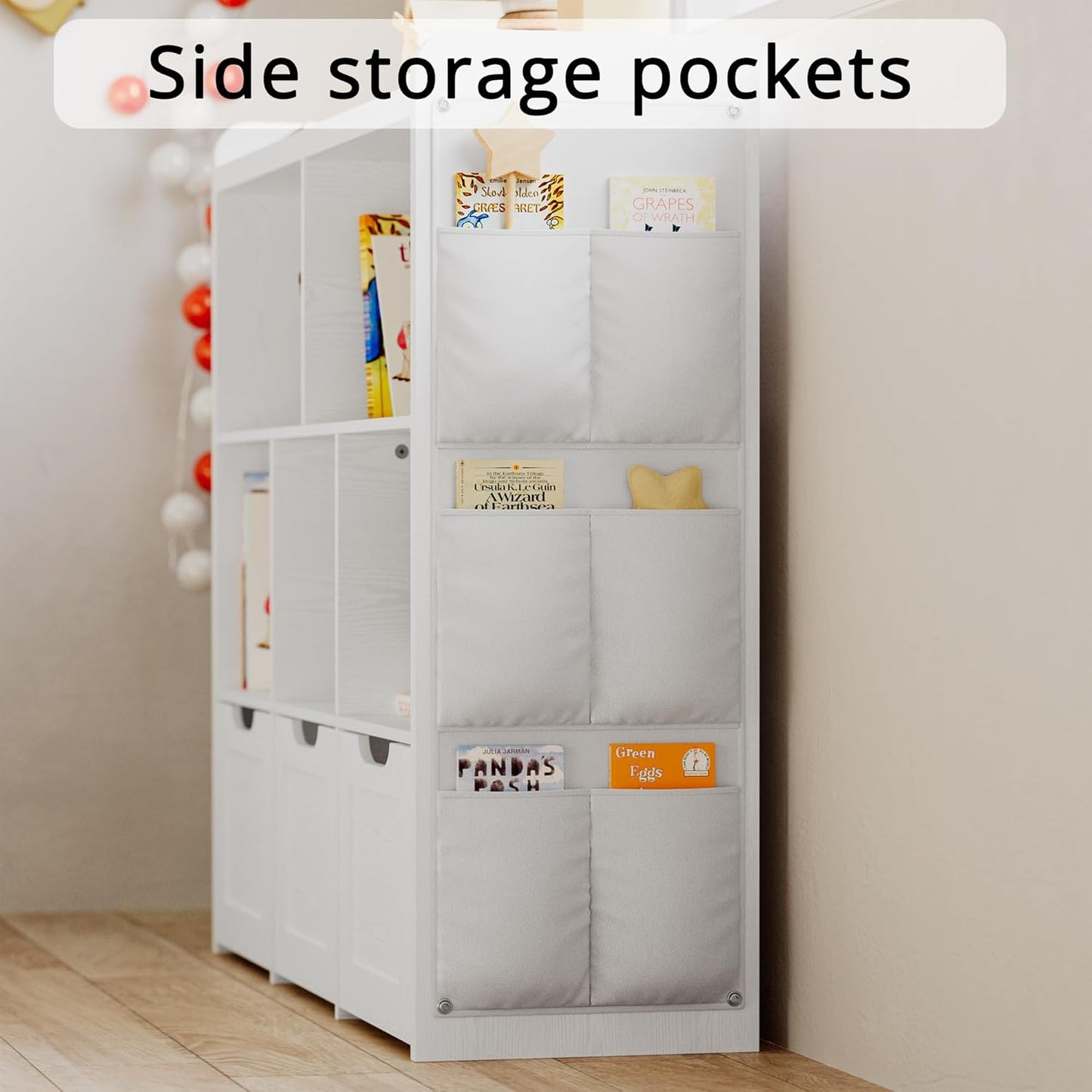IRONCK Toy Storage Organizer with 3 Movable Drawers, Multifunctional Floor Storage Cabinet Toy Chest with 5 Storage Cubbies, Bookcase for Bedroom and Playroom, White