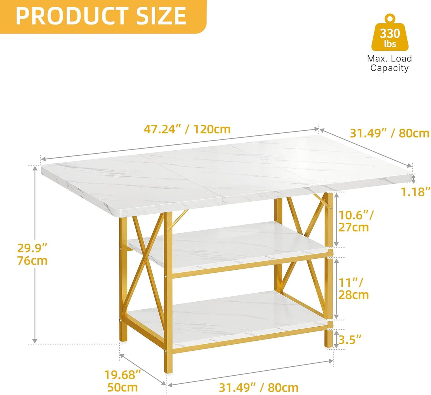 DWVO Dining Room Table 47 Inch Rectangle Dining Table for 4 People Modern Kitchen Table White Marble Dinner Table with Storage Shelf and Glod Metal Legs for Home Apartment White and Gold