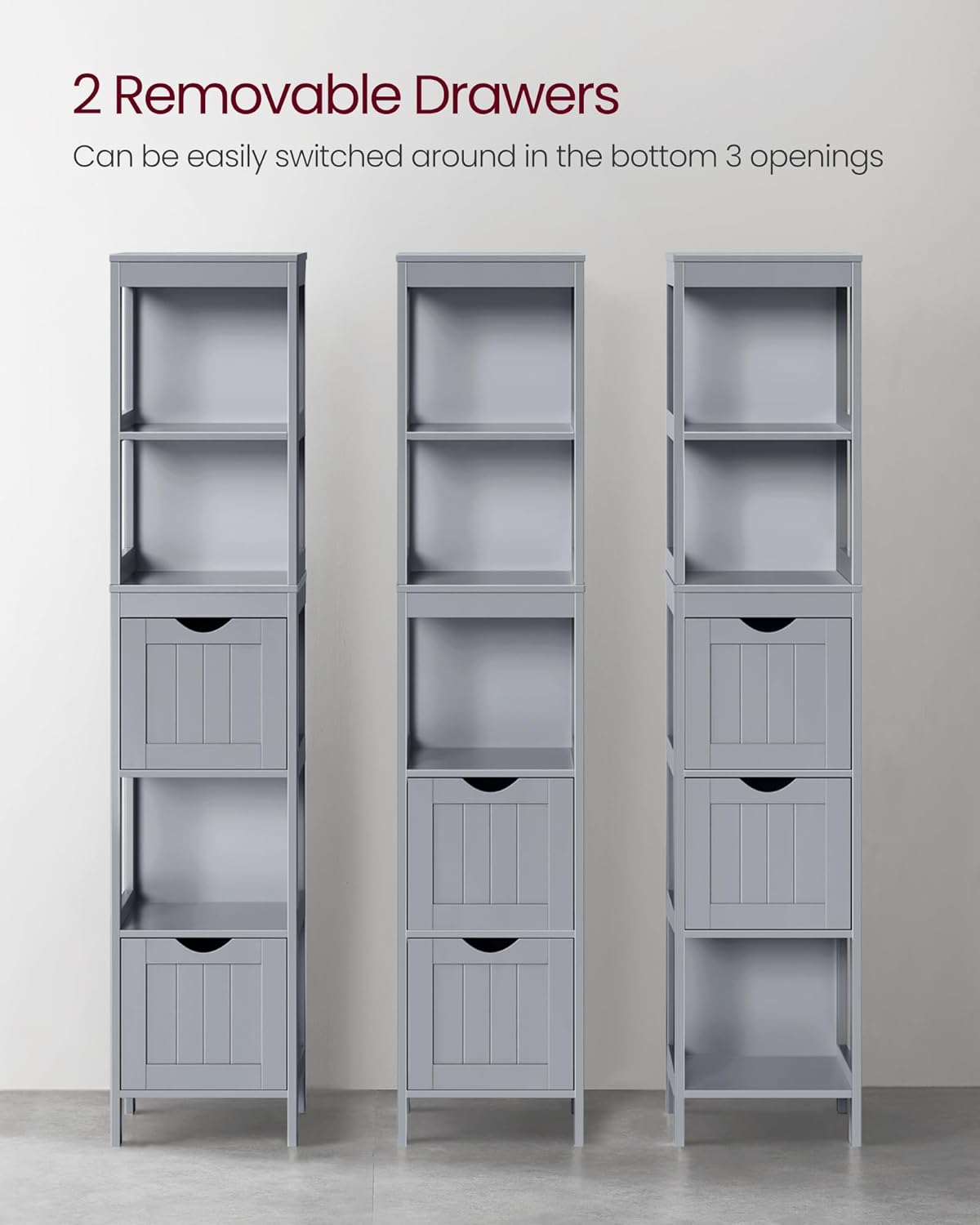 VASAGLE Bathroom Floor Cabinet, Bathroom Storage Organizer Rack Stand, Multifunctional Corner Unit, 2 Drawers, 55.7 Inches in Height, Dove Grey UBBC066G02