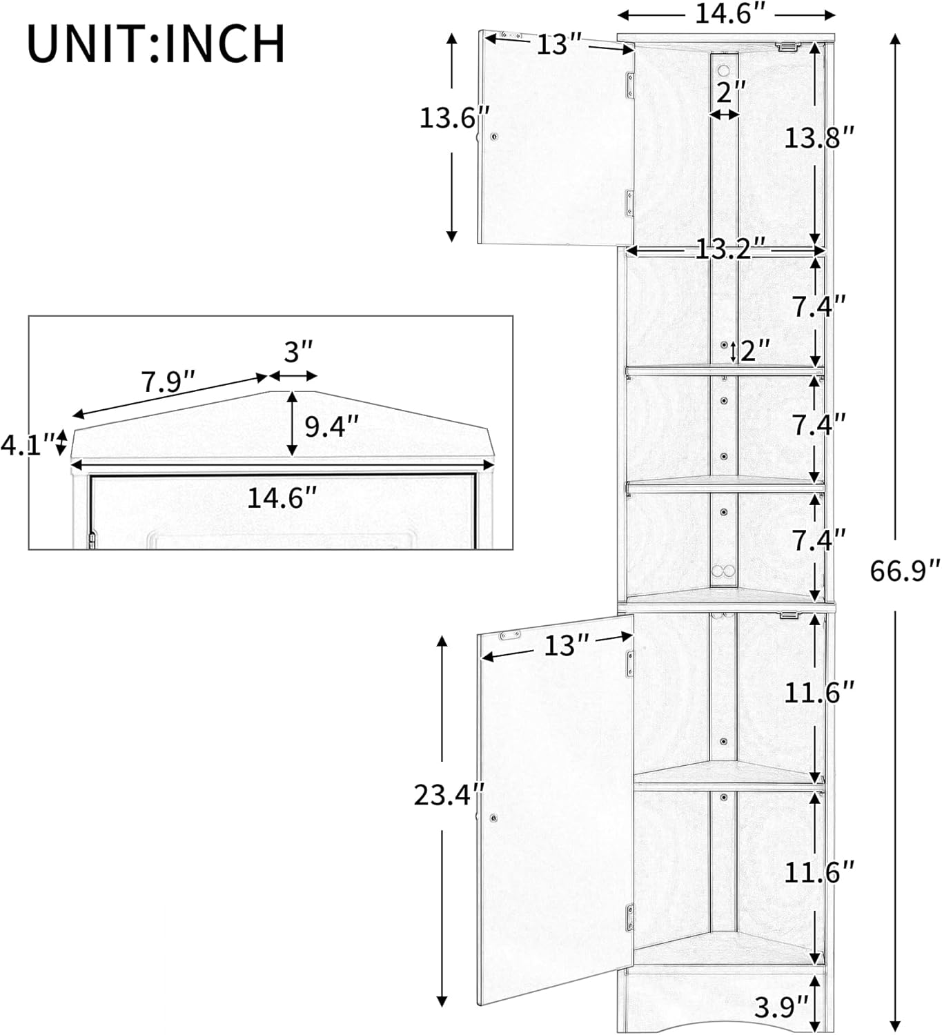 Tall Narrow White Corner Cabinet for Bathroom, Small Thin Wood Multi-Functional Corner Storage Cabinet with Doors and Shelves, Freestanding for Bathroom (White Style2)