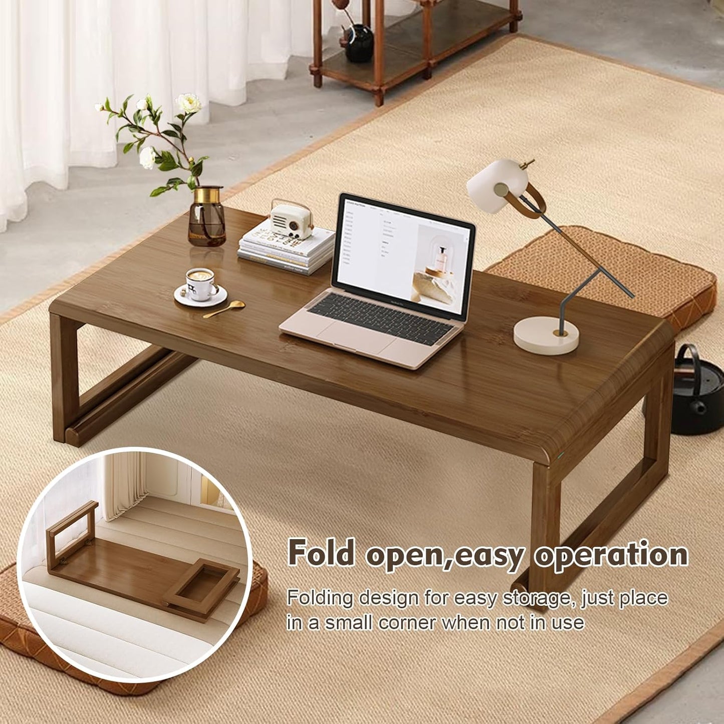 Japanese Floor Table Tea Table Low Coffee Table Bamboo Versatile Folding Design for Tatami Home,Office,Living Room (Walnut, 47.24" Dx 19.68" W x11.8 H)