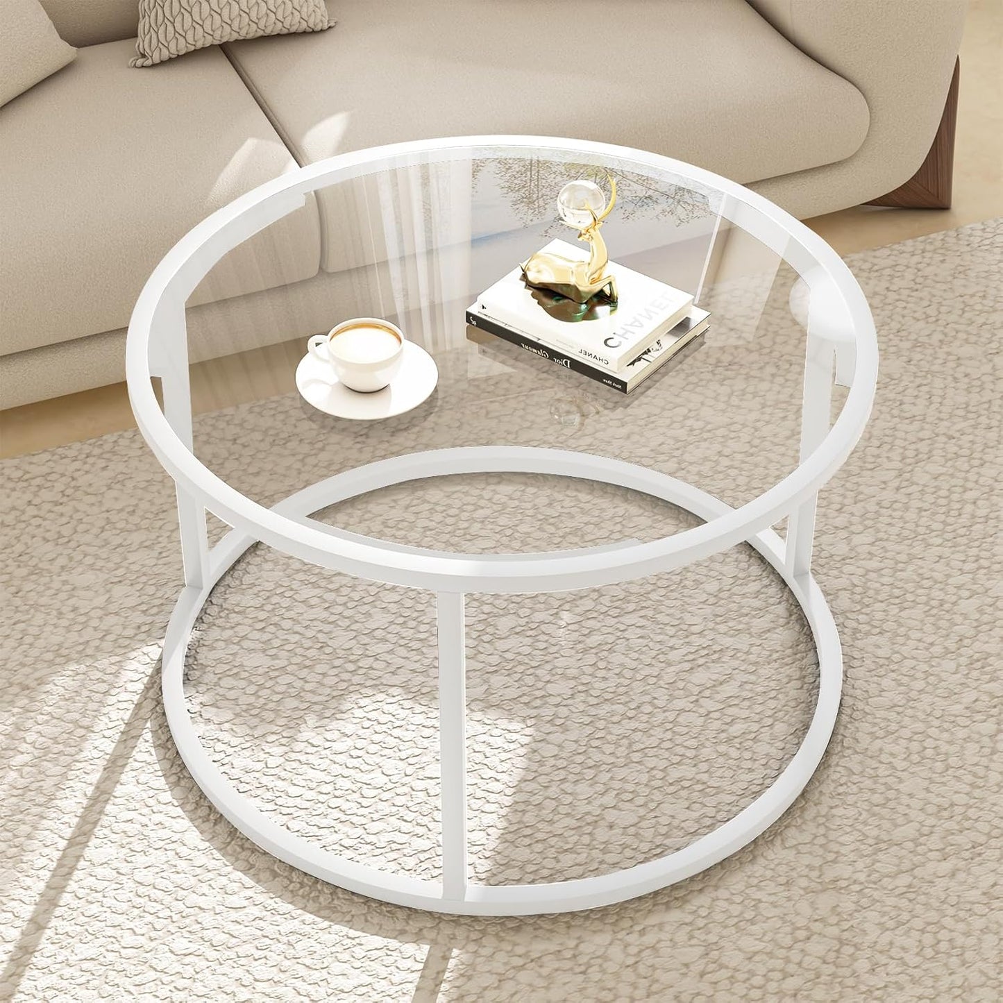 Glass Coffee Table Modern Center Table,Minimalist Round Coffee Tea Table,Tempered Glass-top with Sturdy Metal Frame for Living Room Bedroom Office and Small Space, 27 x 27 x 17 Inch,Gray Black