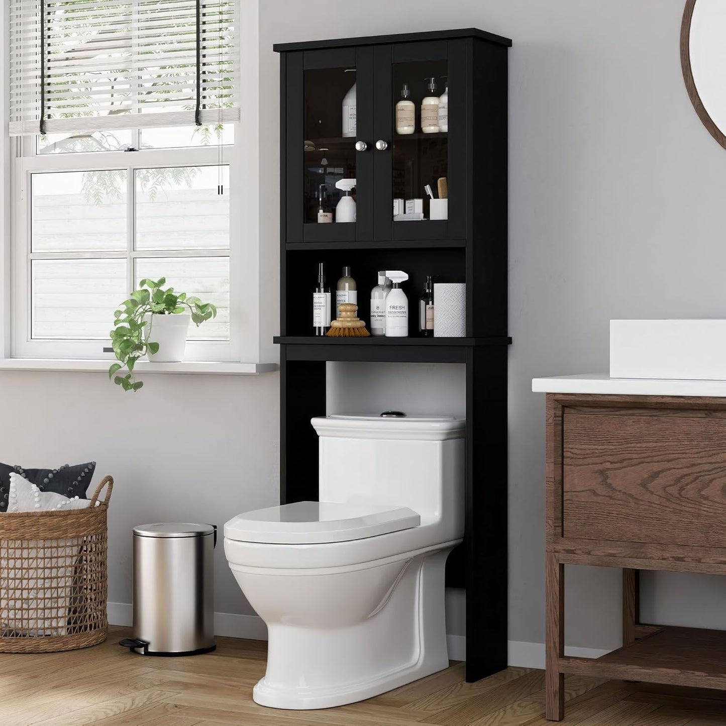 Shintenchi Over The Toilet Storage Cabinet, Bathroom Shelf Organizer with Anti-Tip Device Small Freestanding Space Saver with Adjustable Shelf,White
