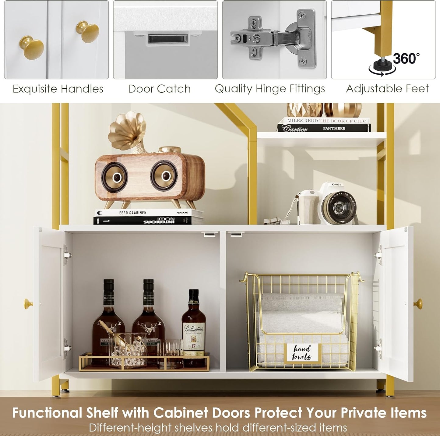 Keyluv 76" Tall Gold Bookshelf with Cabinet Storage, Multifunctional Open Display Bookcase with Door, Large Book Shelf Organizer for Living Room, Home, Office, Heavy Duty Metal & Wood, Modern White
