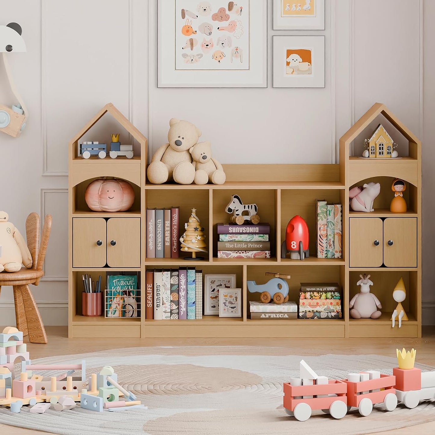 Vabches Castle Shape Children's Bookshelf, Kids Bookcase Display Case Kids Toy Storage Organizer Multifunctional Storage Cabinet Bookshelf Suitable for Playroom, Children's Room, Living Room, White