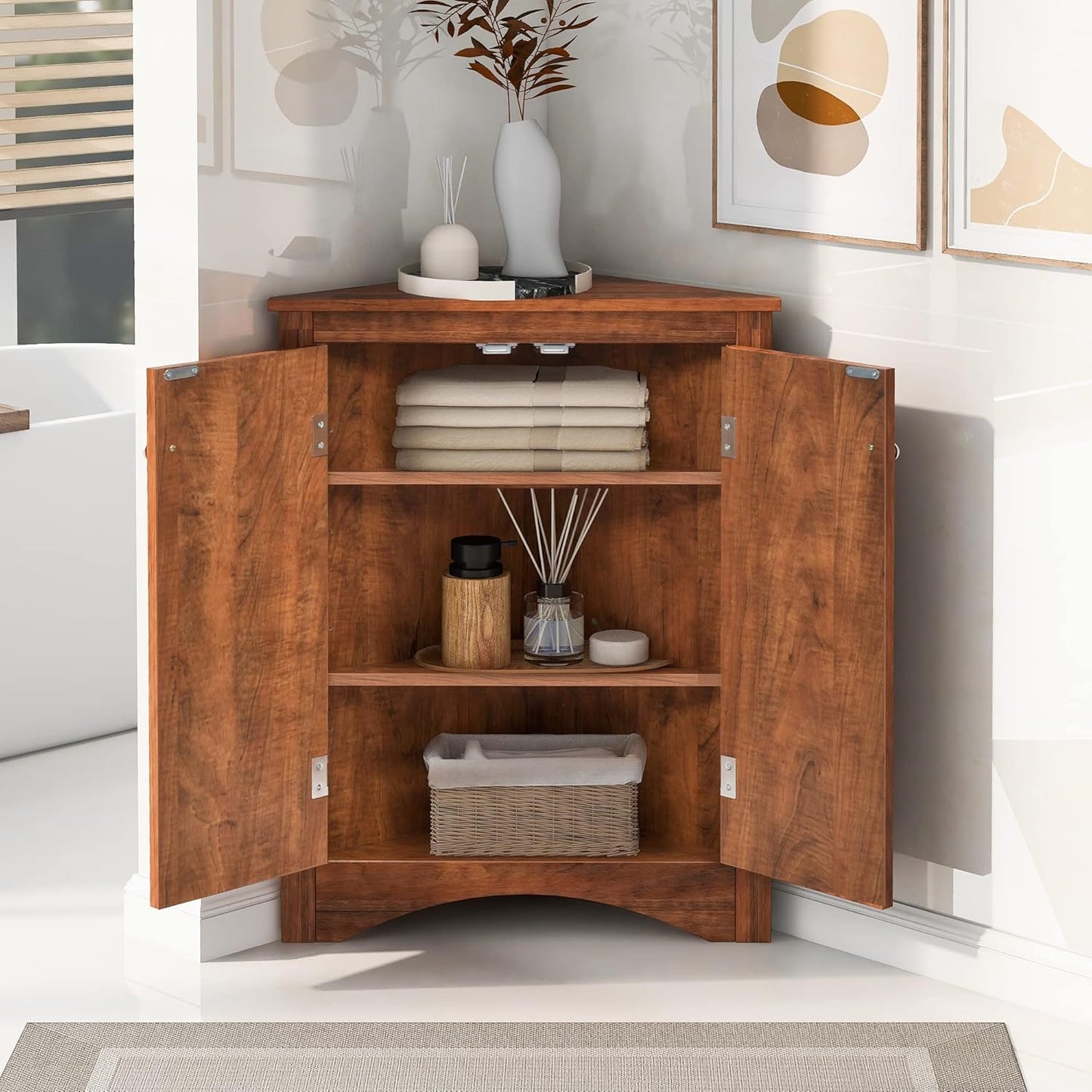 Tall Narrow White Corner Cabinet for Bathroom, Small Thin Wood Multi-Functional Corner Storage Cabinet with Doors and Shelves, Freestanding for Bathroom (White Style2)